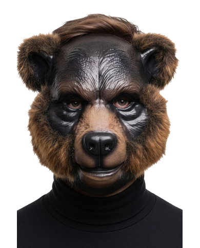 Masque d'ours brun en plastique avec fourroure, avec étiquette volante/étiequette